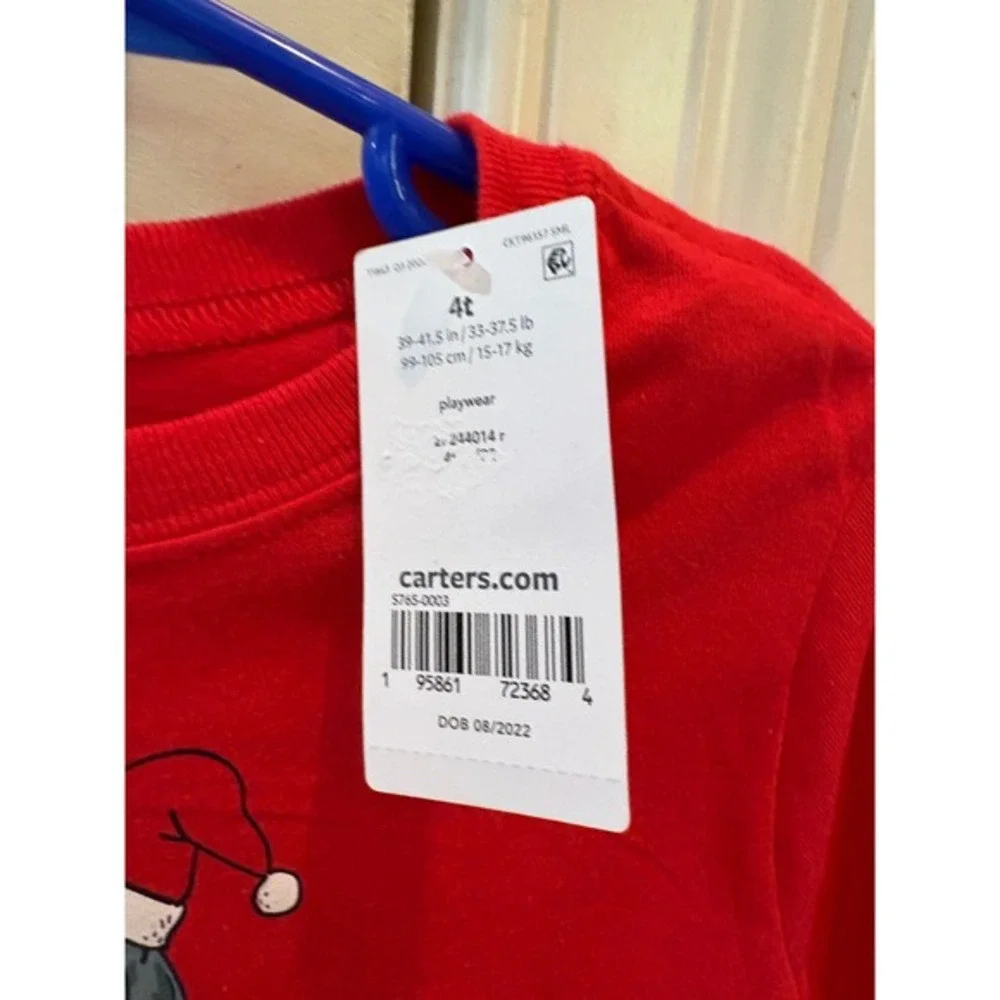 New Carters Boys Red Christmas T Rex Dinosaur Cookie‎ Long Sleeve Shirt 4T